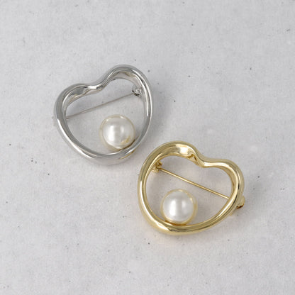 ブローチ ステンレス メタル ハート パール ピンタイプ