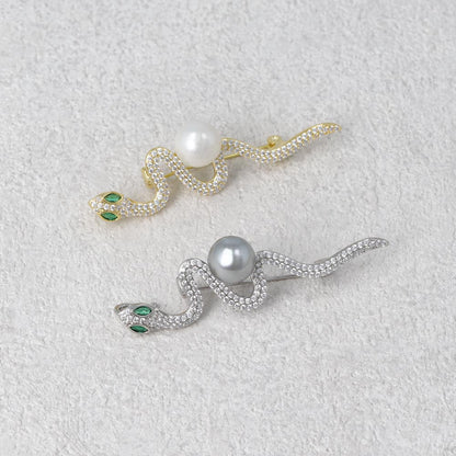 ブローチ メタル キュービックジルコニア パール 蛇 ピンタイプ