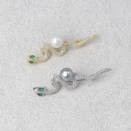 ブローチ メタル キュービックジルコニア パール 蛇 ピンタイプ