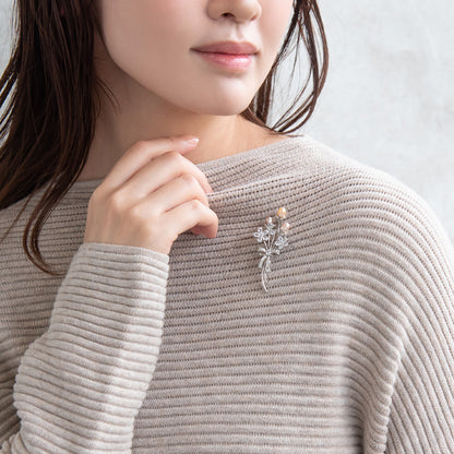 ブローチ メタル キュービックジルコニア 淡水パール フラワー ブーケ リボン ピンタイプ