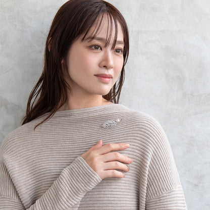 ブローチ メタル キュービックジルコニア 淡水パール リーフ ピンタイプ