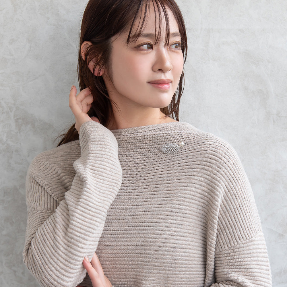 ブローチ メタル キュービックジルコニア 淡水パール リーフ ピンタイプ