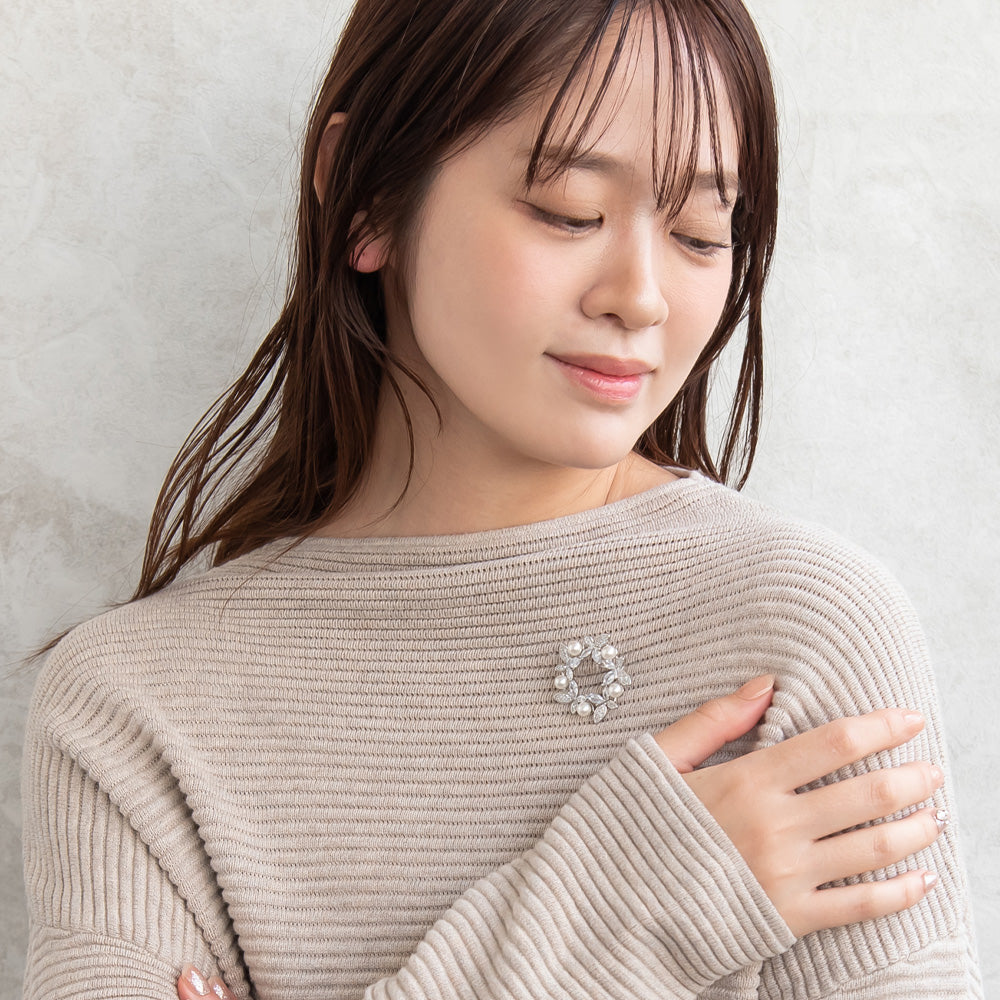 ブローチ メタル キュービックジルコニア 淡水パール バタフライ リース ピンタイプ