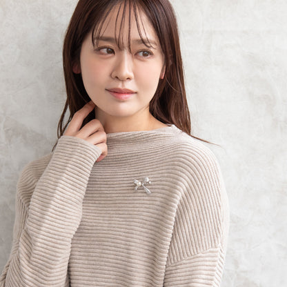 ブローチ メタル キュービックジルコニア 淡水パール アシンメトリー リボン ピンタイプ