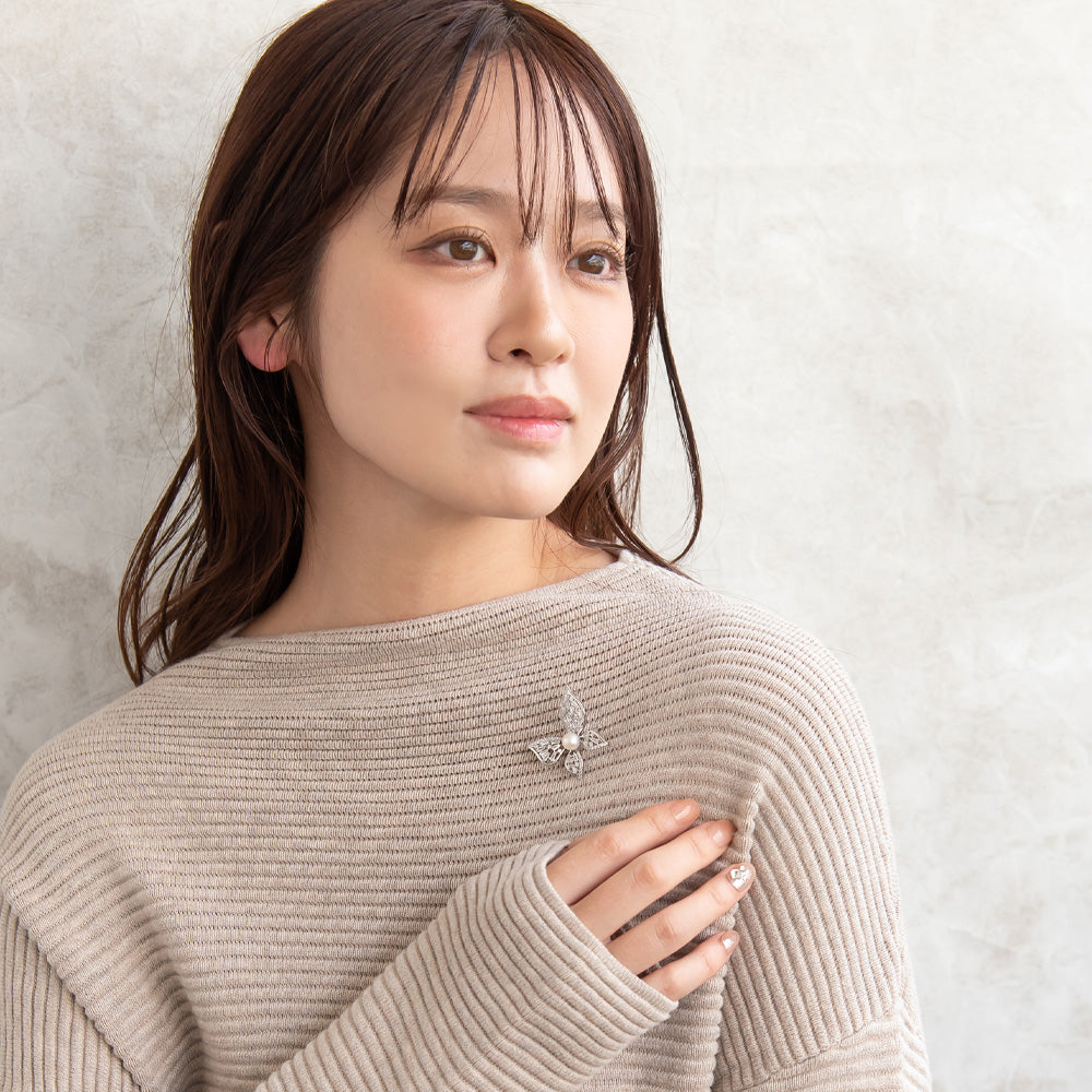 ブローチ メタル キュービックジルコニア 淡水パール バタフライ ピンタイプ