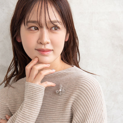 ブローチ メタル キュービックジルコニア 淡水パール バタフライ ピンタイプ