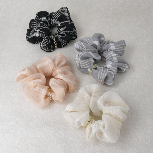 シュシュ チェック 柄 メタル ストーン チェーン リング シアー カラー ヘアゴム ヘアポニー