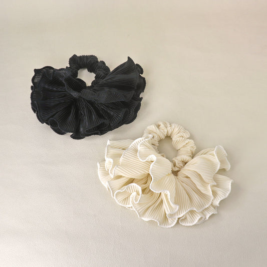 シュシュ プリーツ ハーフ フリル ボリューム モノトーン カラー ヘアゴム ヘアポニー