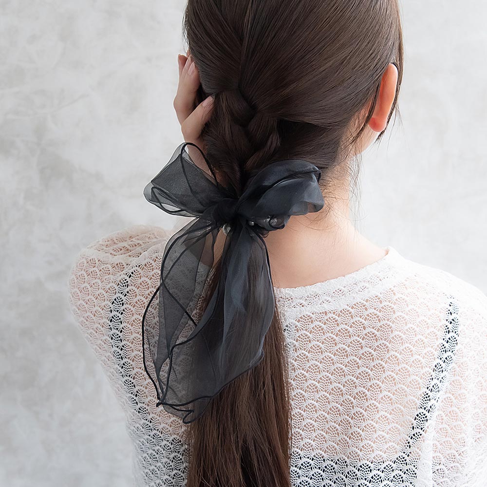 シュシュ シアー ビッグ リボン チュール ランダム パール