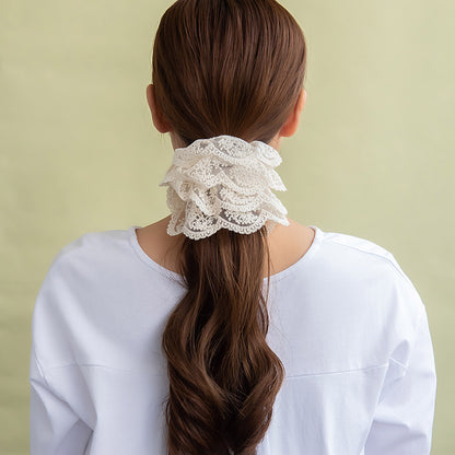 シュシュ スカラップ チュールレース 刺繍 ビッグ ボリューム ヘアゴム ヘアポニー