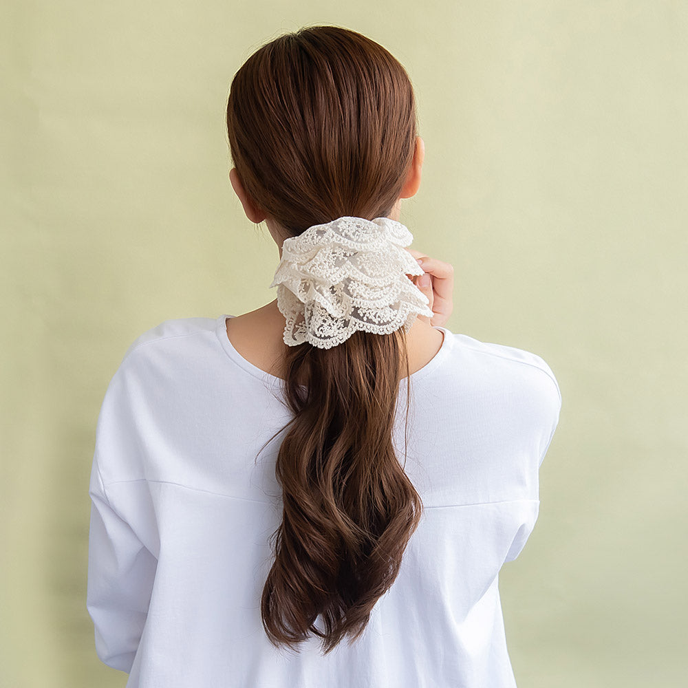 シュシュ スカラップ チュールレース 刺繍 ビッグ ボリューム ヘアゴム ヘアポニー