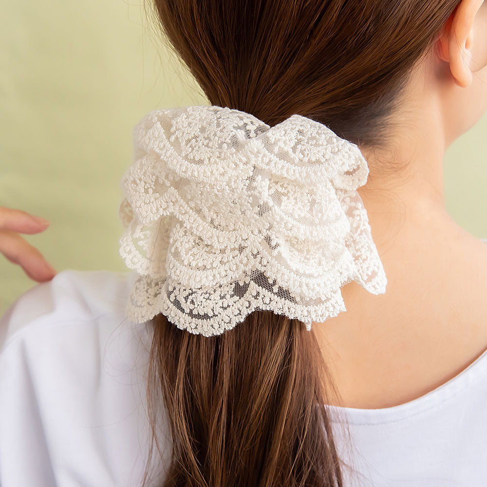 シュシュ スカラップ チュールレース 刺繍 ビッグ ボリューム ヘアゴム ヘアポニー