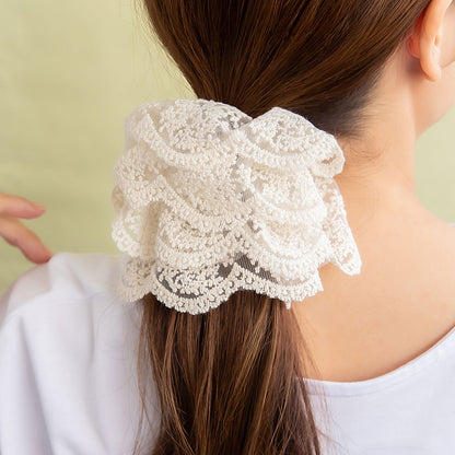 シュシュ スカラップ チュールレース 刺繍 ビッグ ボリューム ヘアゴム ヘアポニー