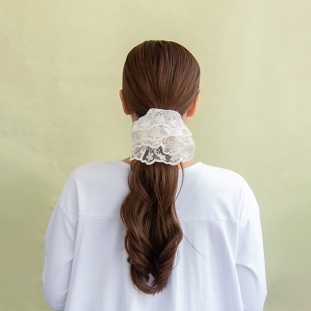 シュシュ スカラップ チュールレース 刺繍 花柄 フラワー ビッグ