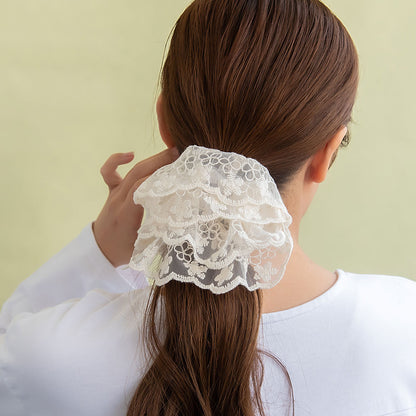 シュシュ スカラップ チュールレース 刺繍 花柄 フラワー ビッグ ボリューム ヘアゴム ヘアポニー