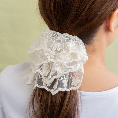 シュシュ スカラップ チュールレース 刺繍 花柄 フラワー ビッグ ボリューム ヘアゴム ヘアポニー