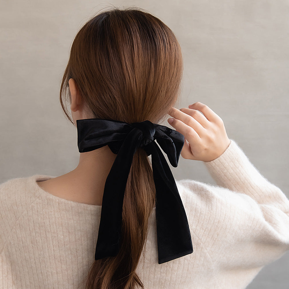 シュシュ ラメベロア シマー ロングリボン アレンジ自由自在 マルチWAY ヘアアクセサリー