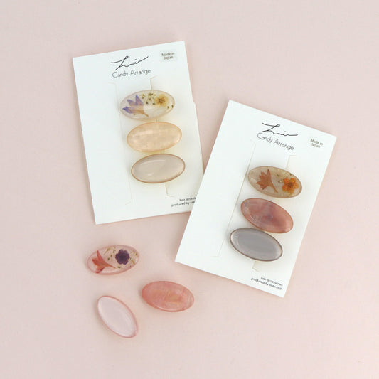 ヘアクリップ Candy Arrange オーバル ドライフラワー 封入 マーブル カラー 3個セット ミニ クリップ