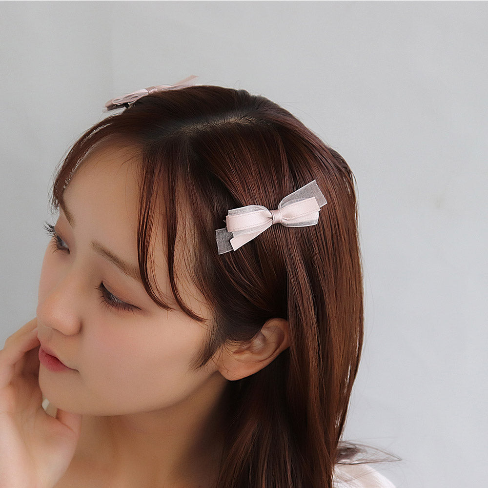 ヘアクリップ ダブル リボン サテン オーガンジー くすみ カラー 2個