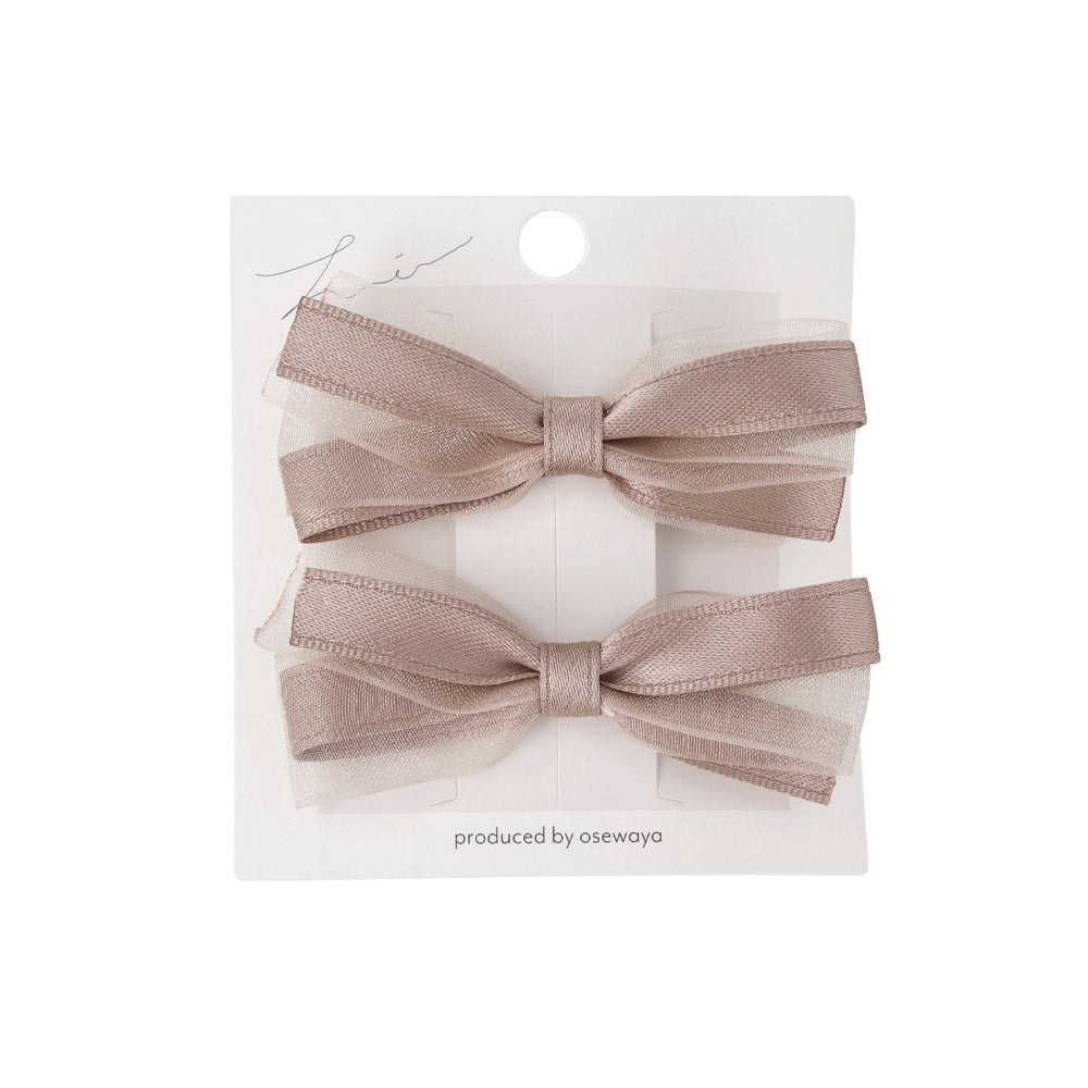 ヘアクリップ ダブル リボン サテン オーガンジー くすみ カラー 2個