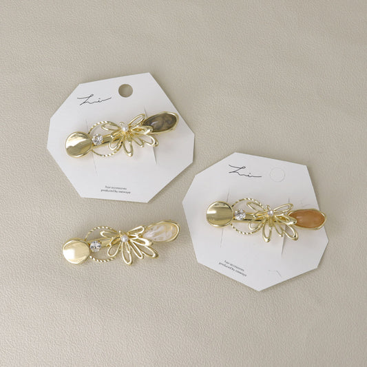 ヘアクリップ メタル 透かし フラワー 花 サークル オーバル パール ストーン マーブル カラー サイドクリップ