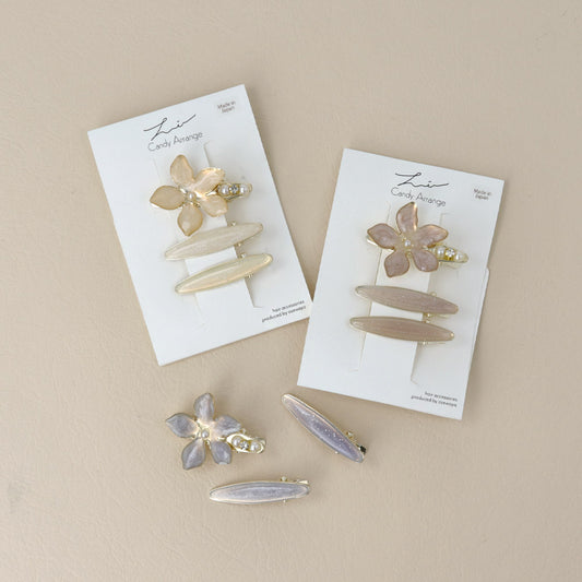 ヘアクリップ Candy Arrange メタル フラワー マーブル カラー ラメ ストーン パール 3個セット ミニクリップ サイドクリップ