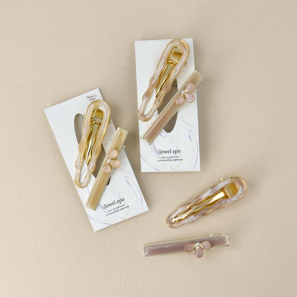 ヘアクリップ Jewel epo フラワー 花 花びら ミニ パール ウェーブ マーブル カラー ラメ 2個セット サイドクリップ