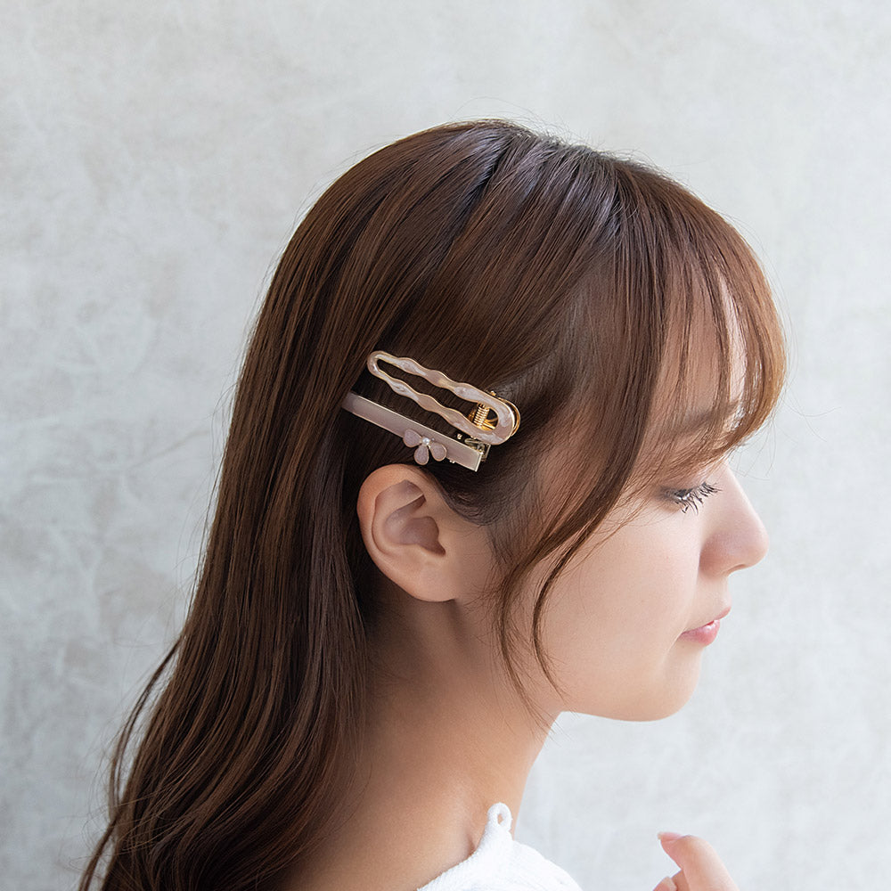 ヘアクリップ Jewel epo フラワー 花 花びら ミニ パール ウェーブ マーブル カラー ラメ 2個セット サイドクリップ