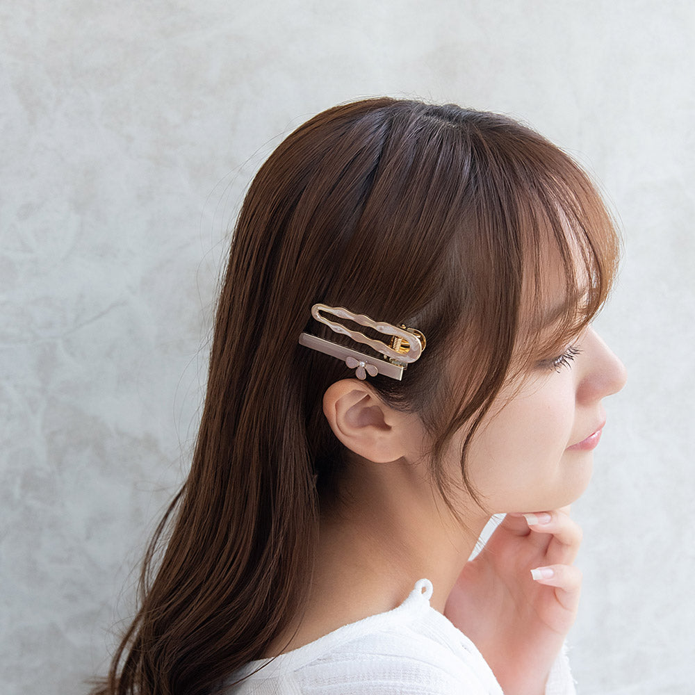 ヘアクリップ Jewel epo フラワー 花 花びら ミニ パール ウェーブ マーブル カラー ラメ 2個セット サイドクリップ