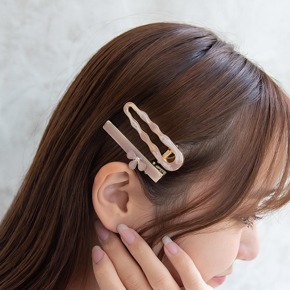 ヘアクリップ Jewel epo フラワー 花 花びら ミニ パール ウェーブ マーブル カラー ラメ 2個セット サイドクリップ