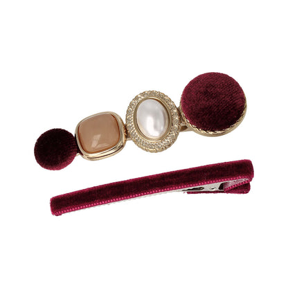 ヘアクリップ ベロア パール メタル ボタン スリム 2個セット サイドクリップ