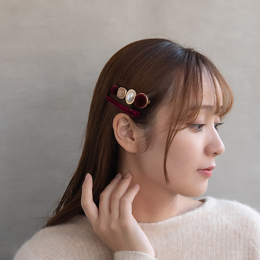 ヘアクリップ ベロア パール メタル ボタン スリム 2個セット サイドクリップ