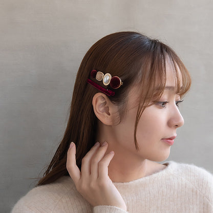 ヘアクリップ ベロア パール メタル ボタン スリム 2個セット サイドクリップ