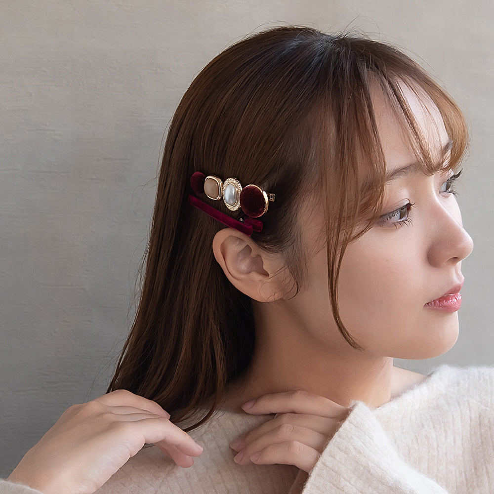 ヘアクリップ ベロア パール メタル ボタン スリム 2個セット サイドクリップ
