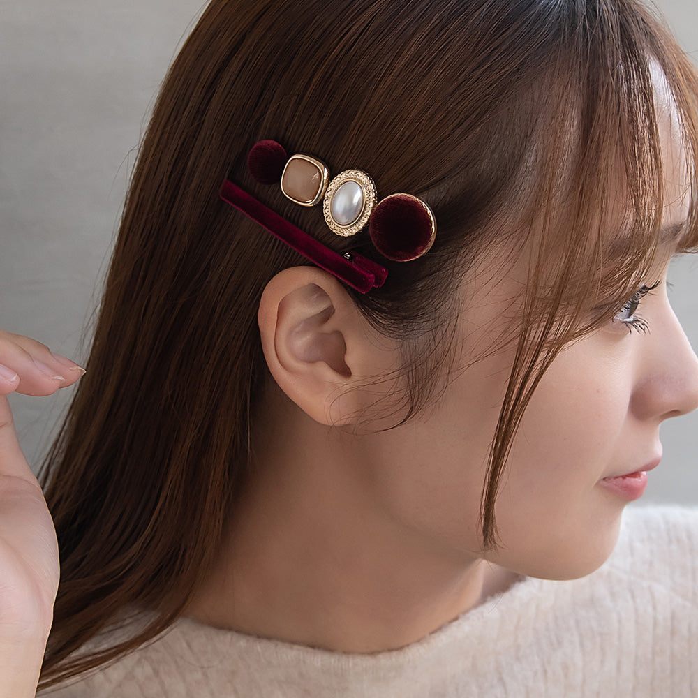 ヘアクリップ ベロア パール メタル ボタン スリム 2個セット サイドクリップ