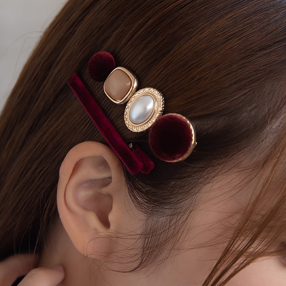 ヘアクリップ ベロア パール メタル ボタン スリム 2個セット サイドクリップ