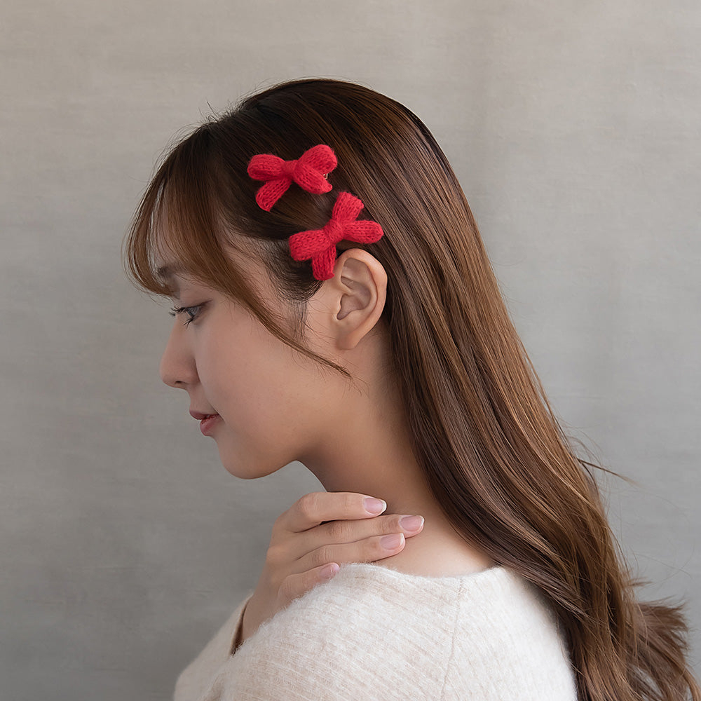 ヘアクリップ ニット編み リボン カラー 2個セット ミニ サイドクリップ
