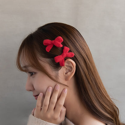 ヘアクリップ ニット編み リボン カラー 2個セット ミニ サイドクリップ