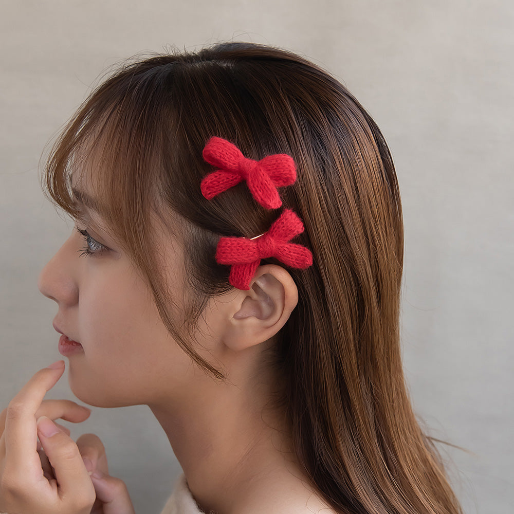 ヘアクリップ ニット編み リボン カラー 2個セット ミニ サイドクリップ