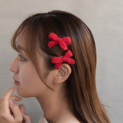 ヘアクリップ ニット編み リボン カラー 2個セット ミニ サイドクリップ