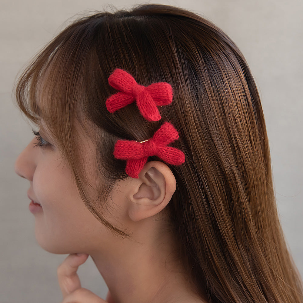 ヘアクリップ ニット編み リボン カラー 2個セット ミニ サイドクリップ