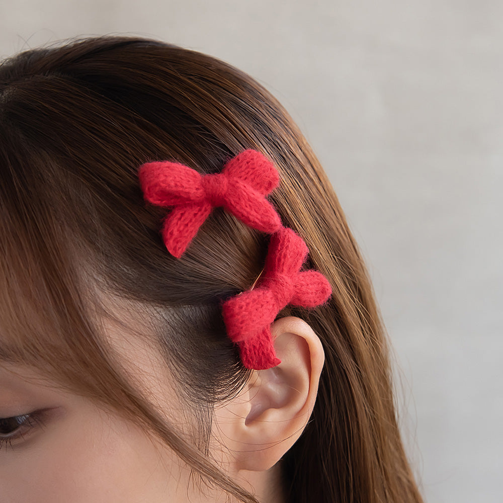 ヘアクリップ ニット編み リボン カラー 2個セット ミニ サイドクリップ