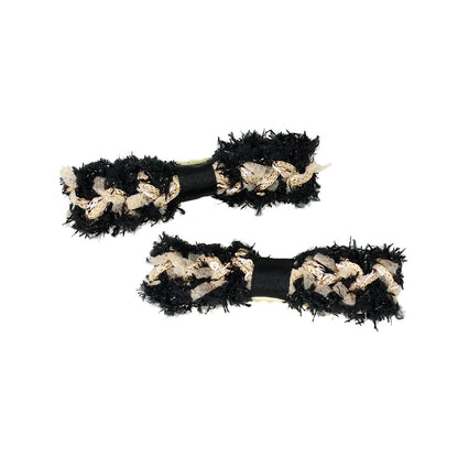 ヘアクリップ 編み込み リボン シャギー スパンコール モノトーンカラー 2個セット サイドクリップ