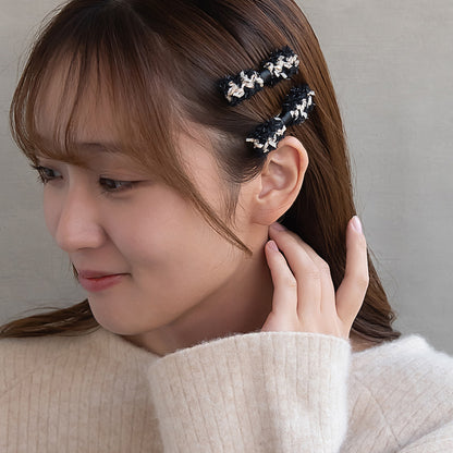 ヘアクリップ 編み込み リボン シャギー スパンコール モノトーンカラー 2個セット サイドクリップ