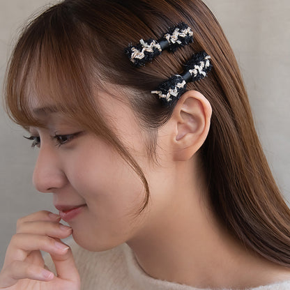 ヘアクリップ 編み込み リボン シャギー スパンコール モノトーンカラー 2個セット サイドクリップ