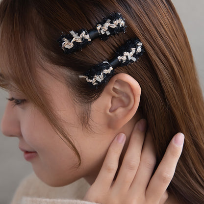 ヘアクリップ 編み込み リボン シャギー スパンコール モノトーンカラー 2個セット サイドクリップ