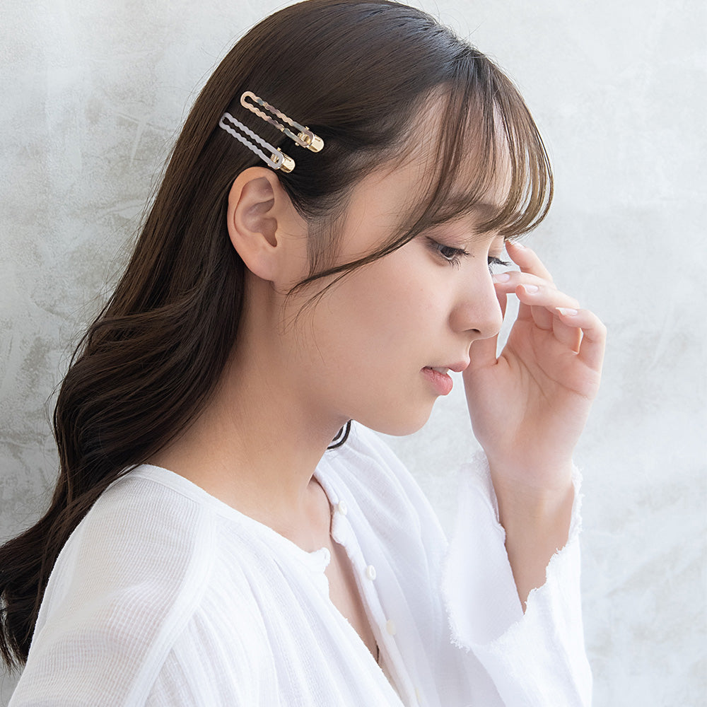 ヘアクリップ ウェーブ オーバル フレーム マーブル カラー 2個セット サイドクリップ