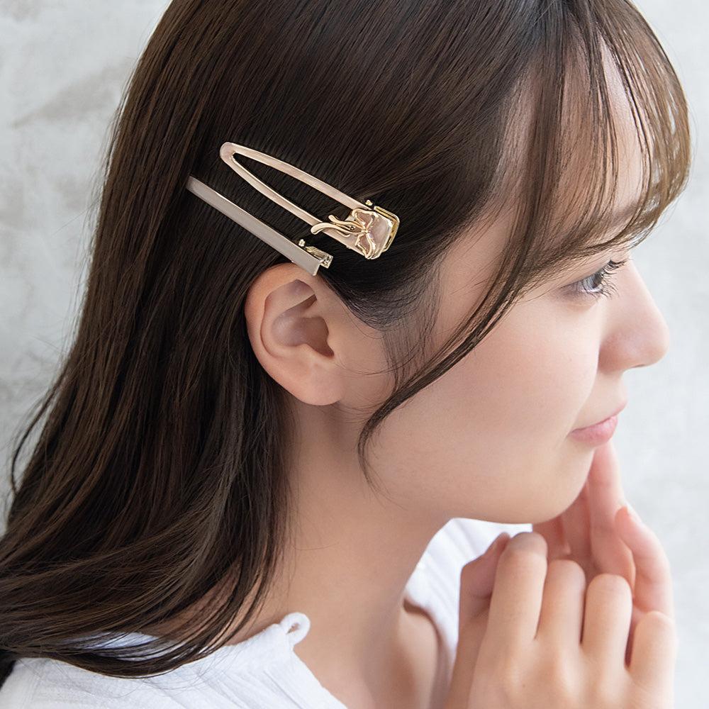 ヘアクリップ メタル リボン マーブル カラー 2個セット サイドクリップ