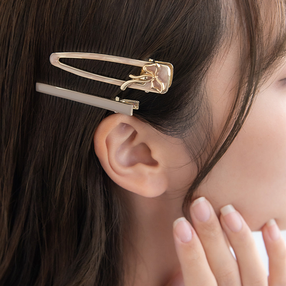 ヘアクリップ メタル リボン マーブル カラー 2個セット サイドクリップ