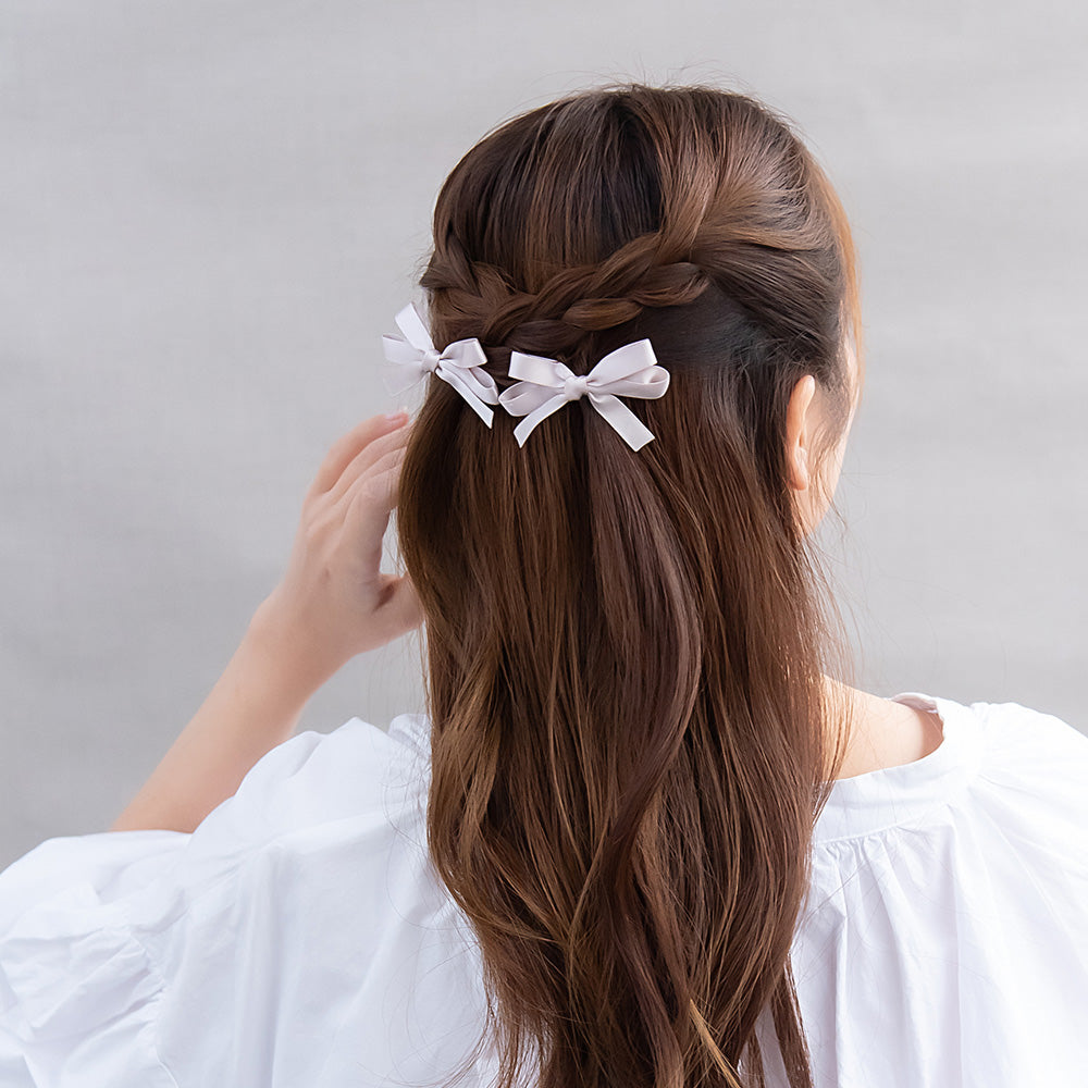 ヘアクリップ スリム ダブル リボン くすみカラー 2個セット サイドクリップ